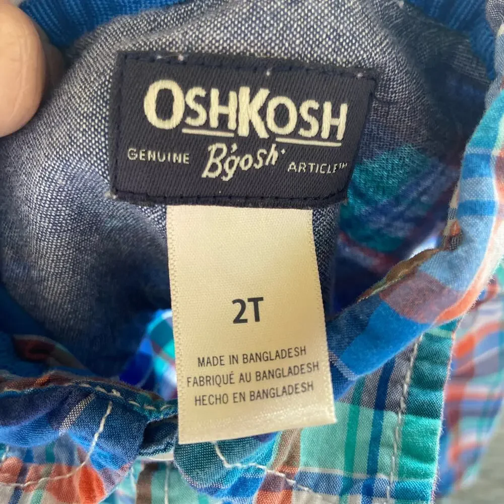 OshKosh Orange Blue Aqua Plaid Dress Shirt 2T‎ Long Sleeve Spring Easter Fall